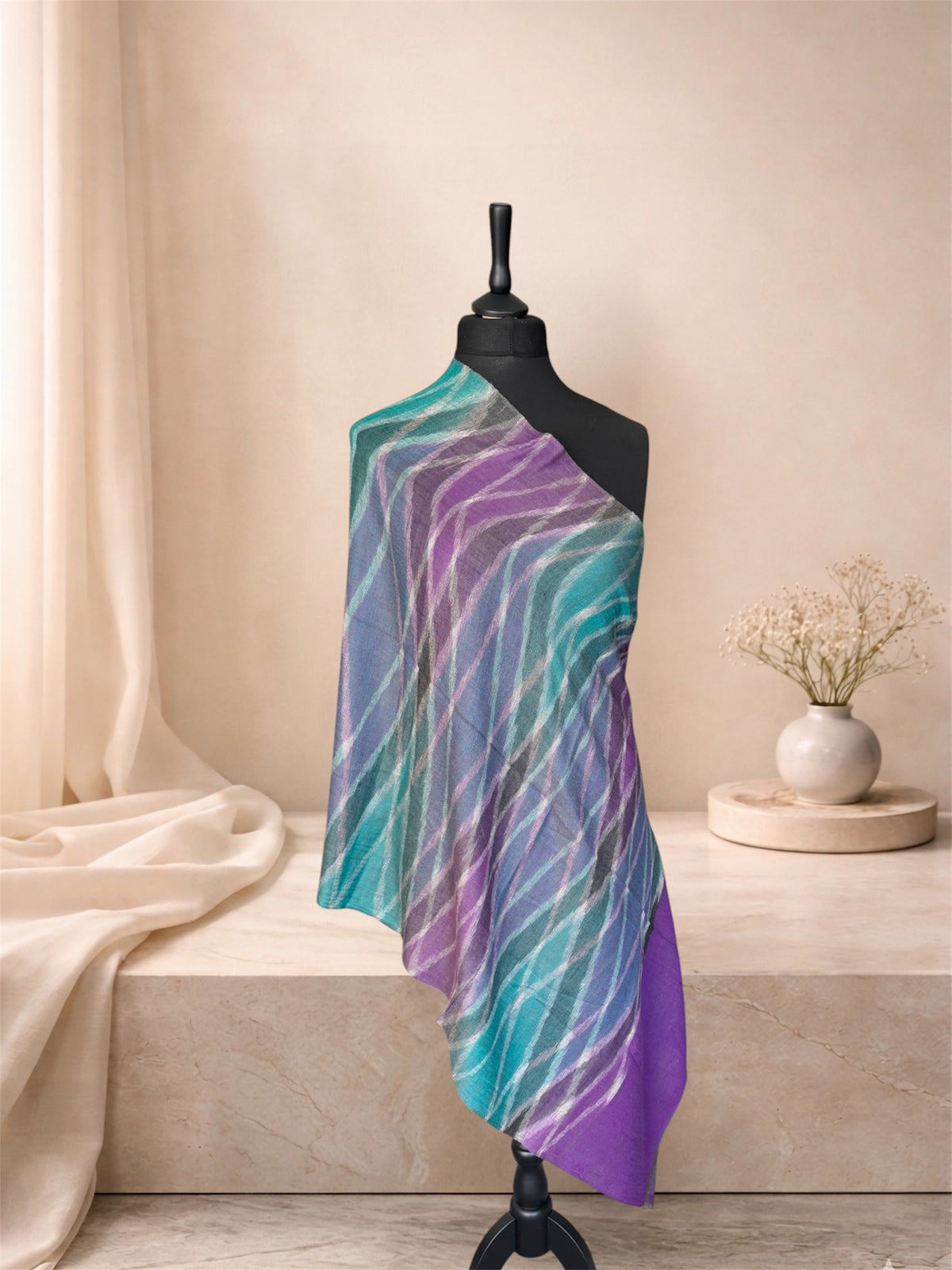 Purple and Teal Pure Pashmina Stole with Woven Ikat Wave Pattern