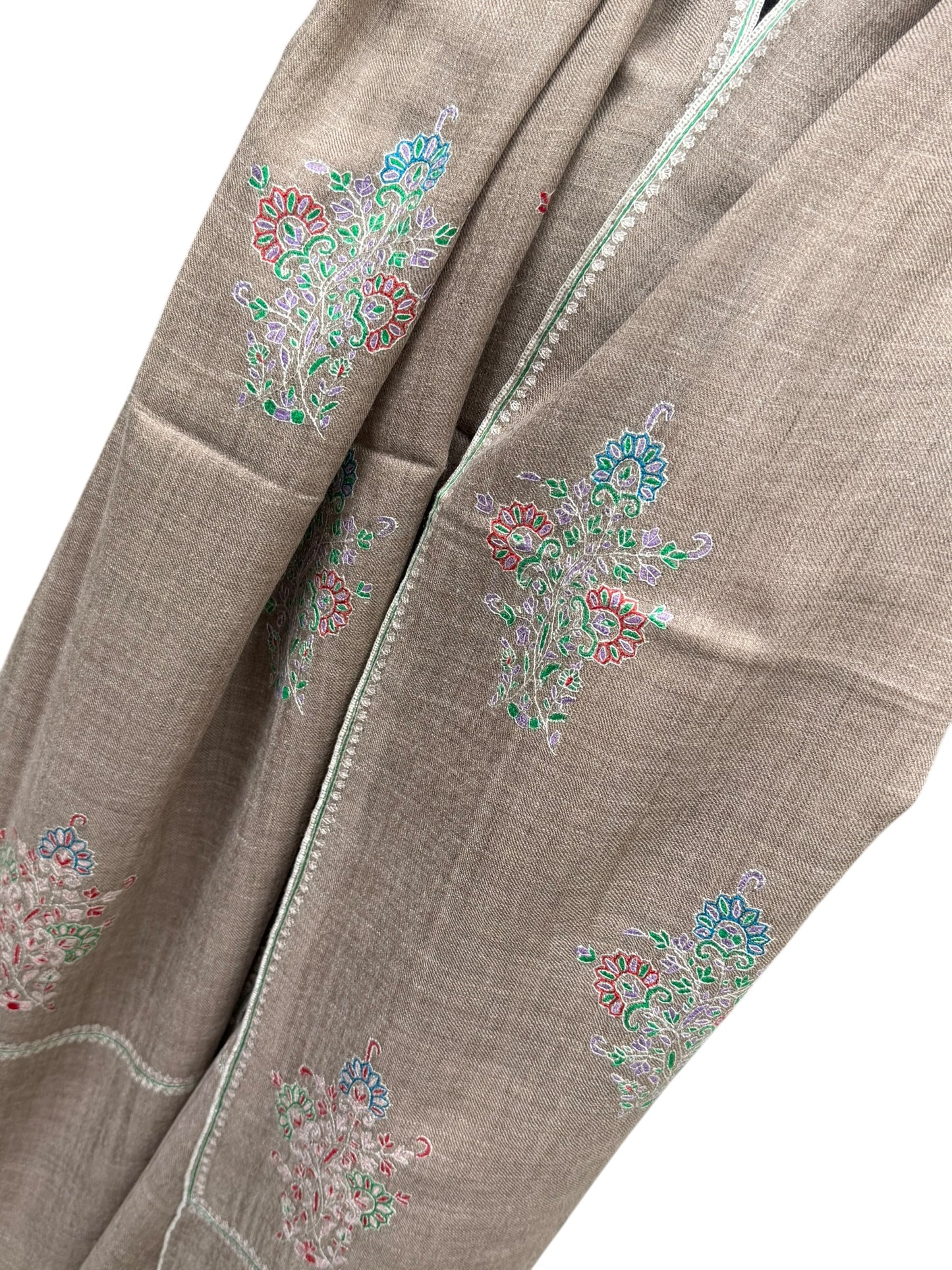 Natural Taupe Pashmina Shawl with Sozni Embroidery Buta Motifs