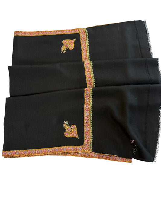 Black Pashmina Shawl with Sozni Embroidered Border & Paisley Corners
