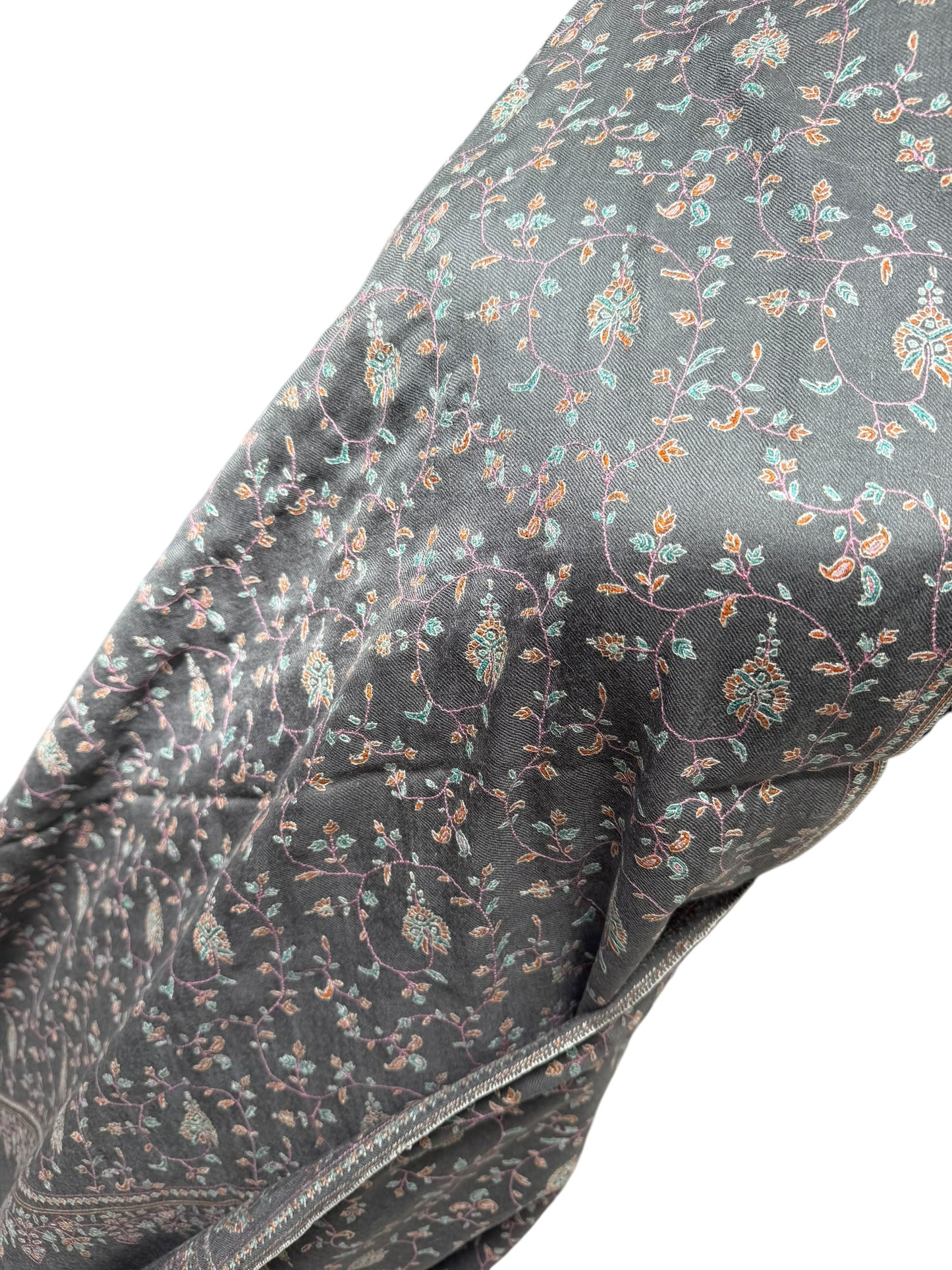 Slate-Grey Pure Pashmina Shawl with Sozni Embroidery Floral Jaal