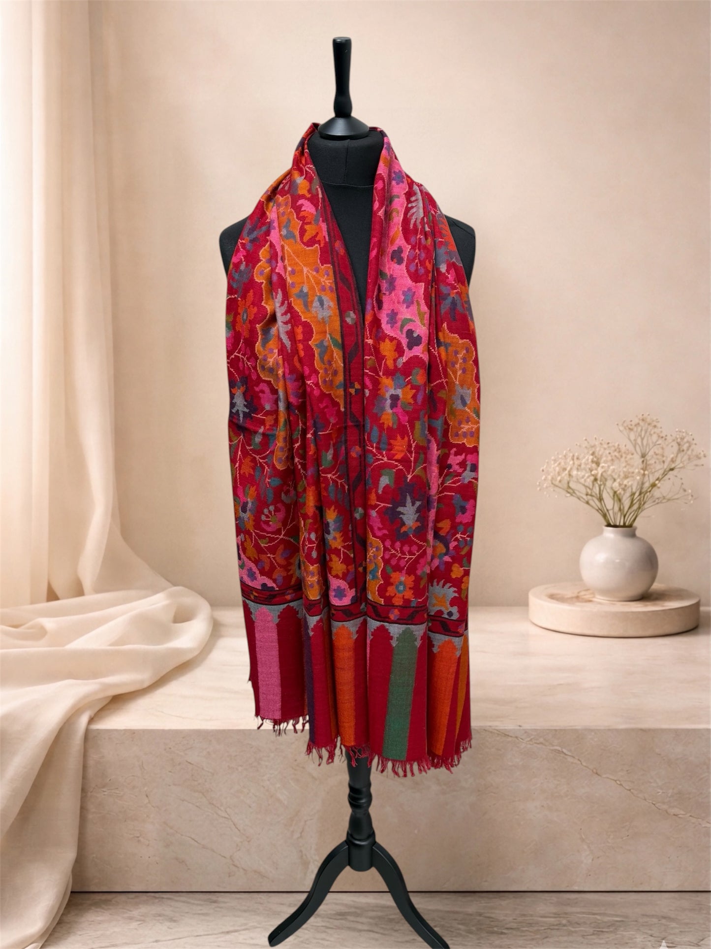 Crimson Pure Pashmina Kani Shawl with Multicolour Floral Jaal