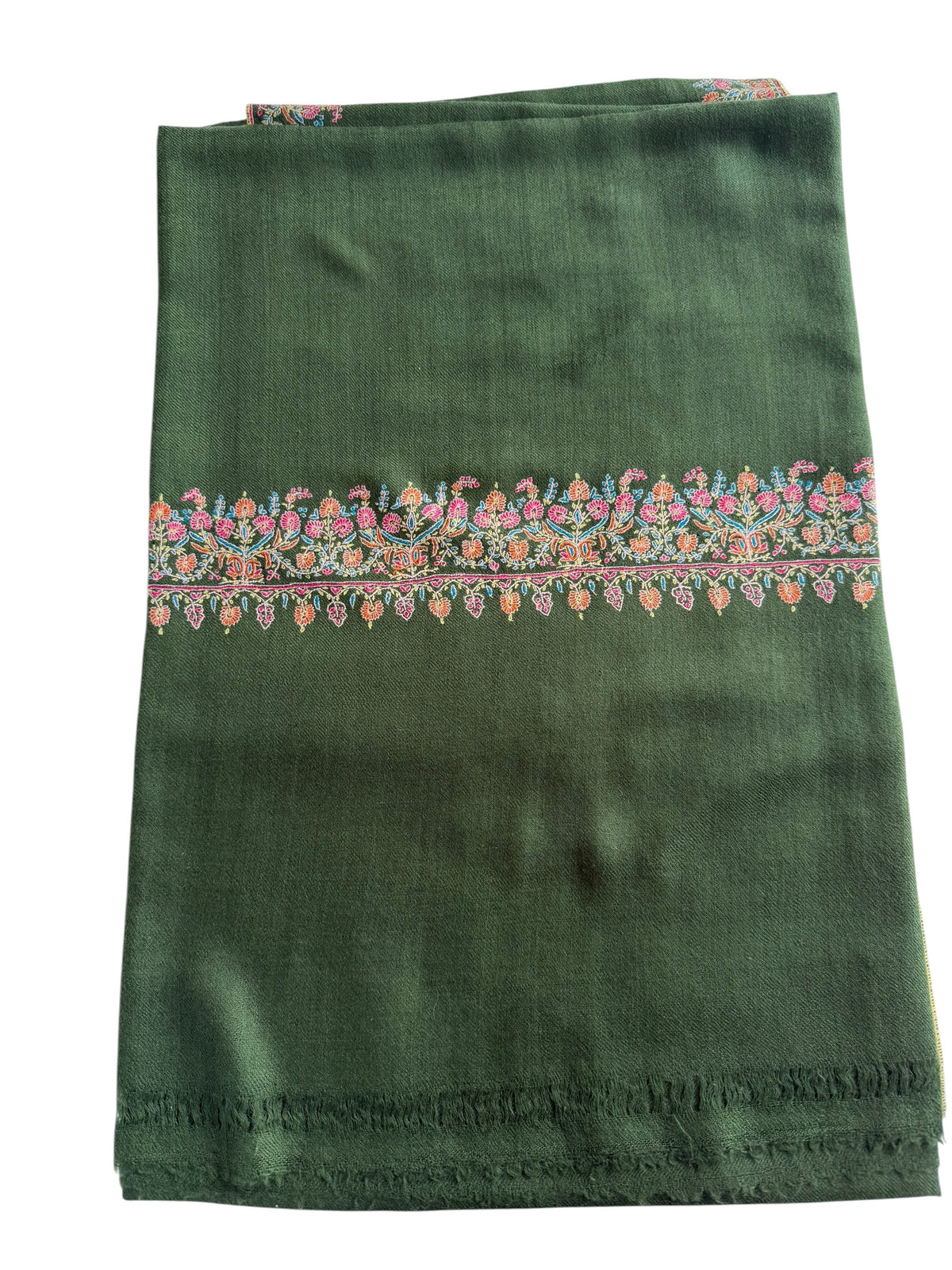 Juniper Green Pure Pashmina Shawl with Sozni Floral Border Embroidery