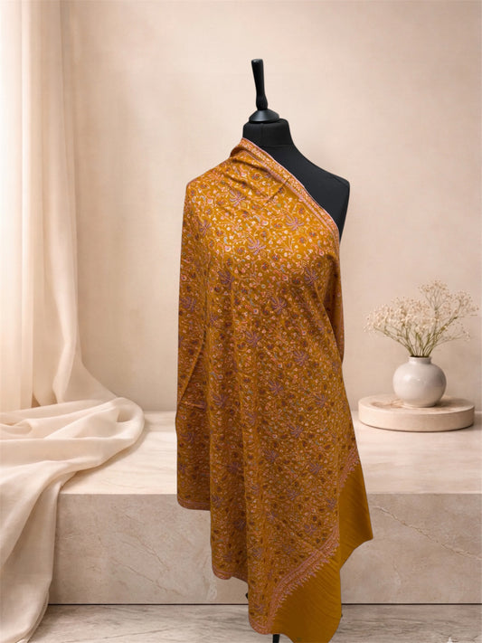 Mustard Gold Pure Pashmina Shawl with Sozni Embroidery Floral Jaal