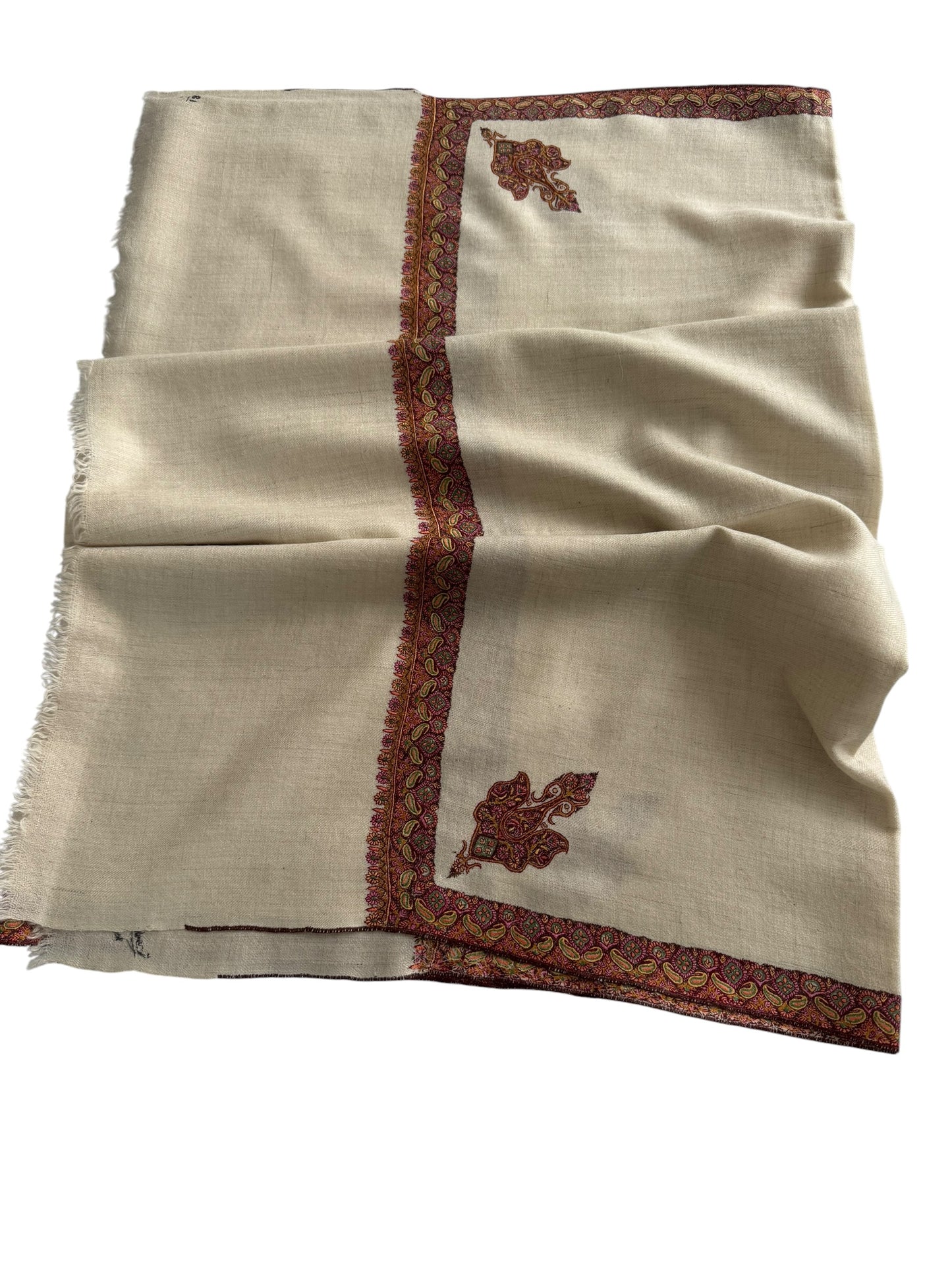 Ivory Pure Pashmina Shawl with Sozni Border & Buta Embroidery in Multicolour Paisley