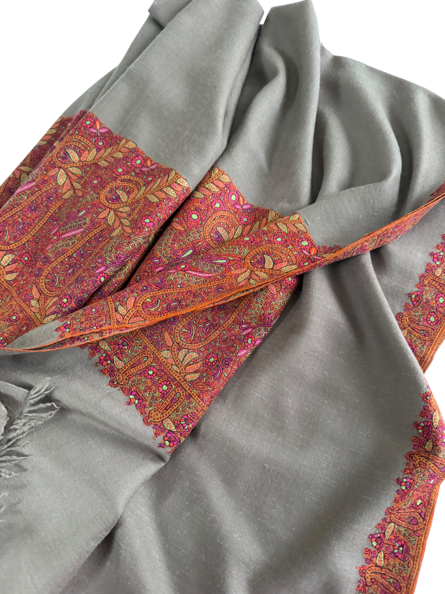 Extra Large Taupe Pashmina Shawl with Sozni Embroidered Paisley Border