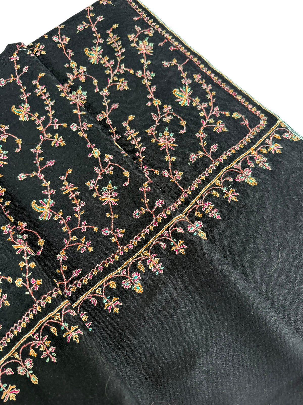 Black Pashmina Shawl with Sozni Floral Vine Embroidery