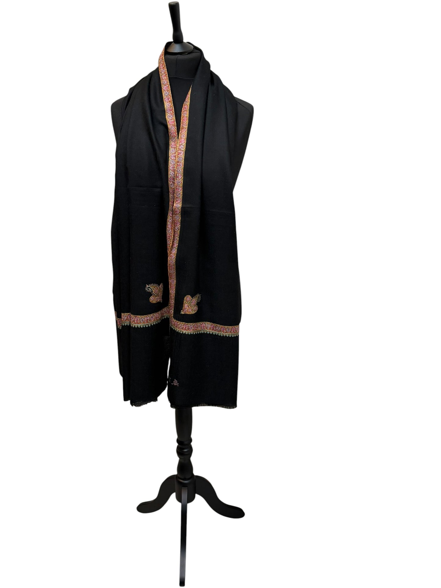 Black Pashmina Shawl with Sozni Embroidered Border & Paisley Corners