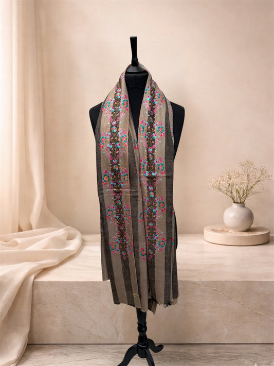 Natural & Charcoal Striped Pashmina Shawl with Sozni Floral Embroidery