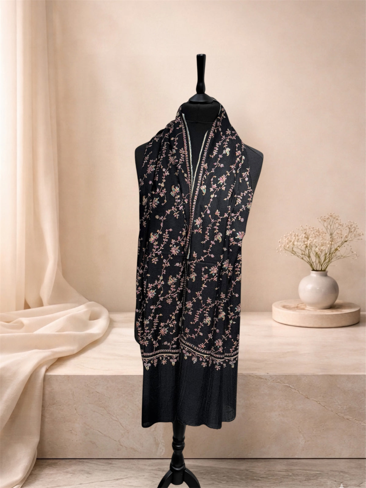 Black Pashmina Shawl with Sozni Floral Vine Embroidery