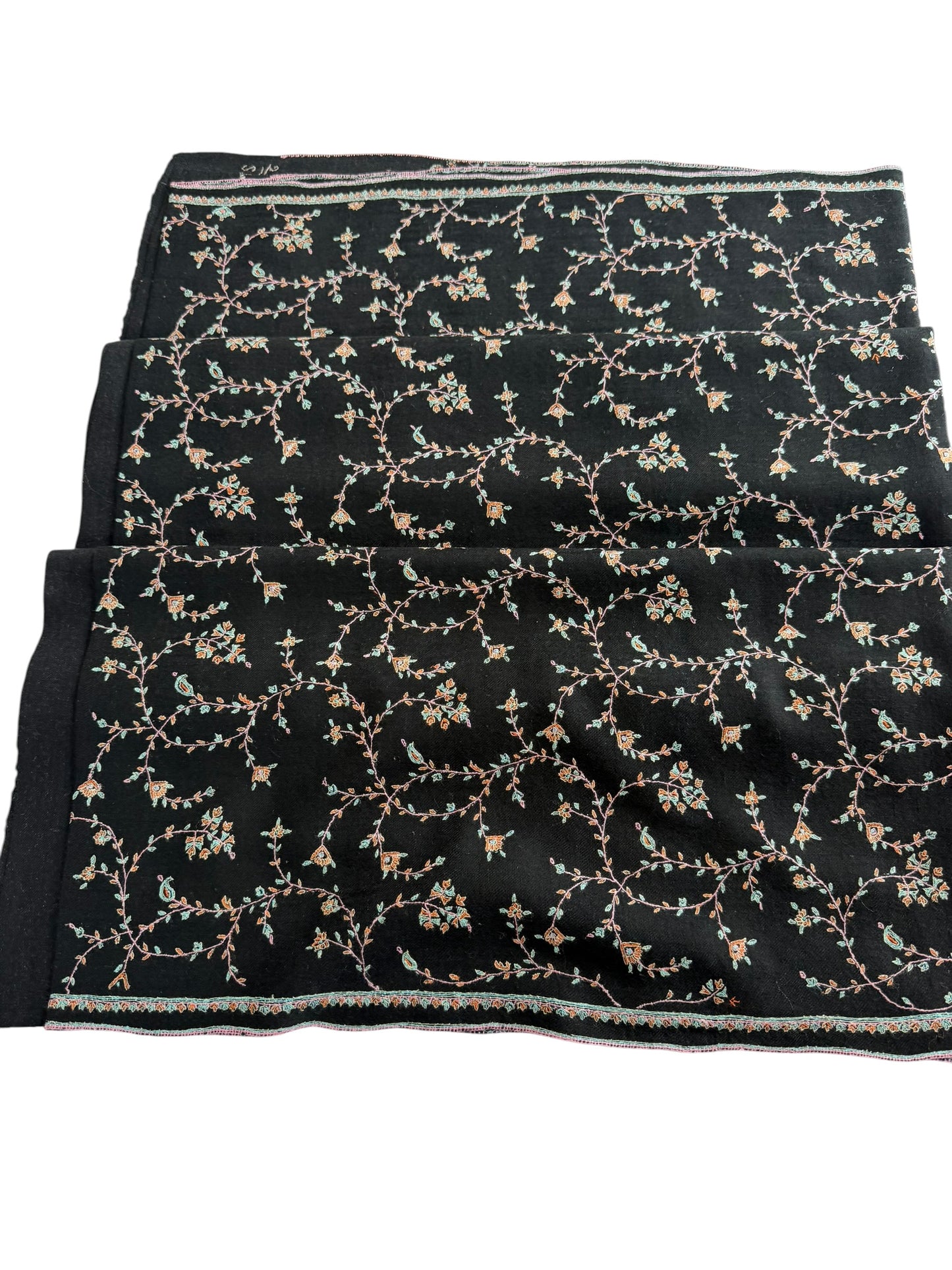 Black Pure Pashmina Shawl with Sozni Jaal Embroidery in Teal & Amber Floral Vine