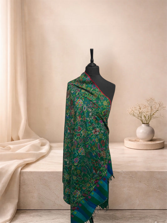 Emerald Green Pashmina Shawl with Kani Woven Floral Jaal