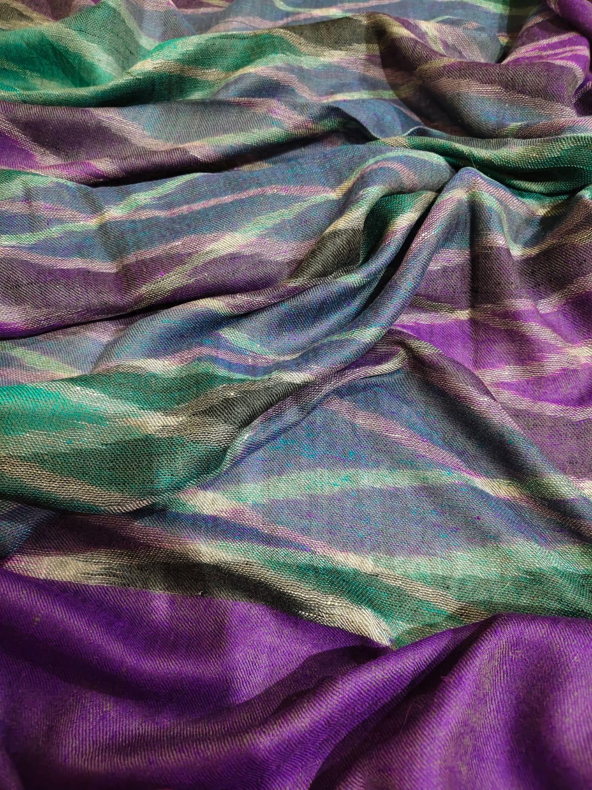 Purple and Teal Pure Pashmina Stole with Woven Ikat Wave Pattern