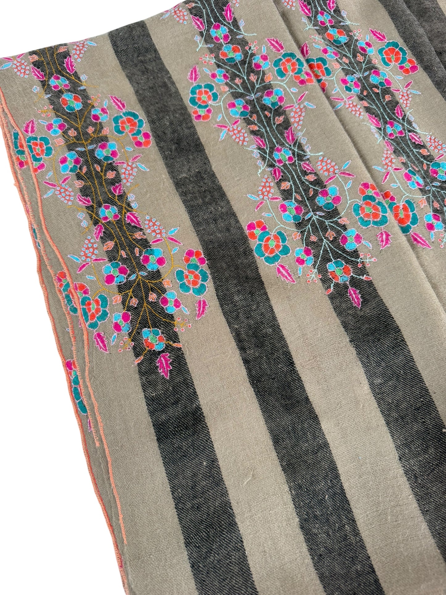 Natural & Charcoal Striped Pashmina Shawl with Sozni Floral Embroidery