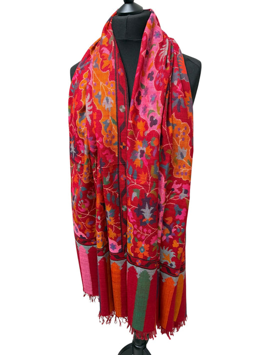 Crimson Pure Pashmina Kani Shawl with Multicolour Floral Jaal