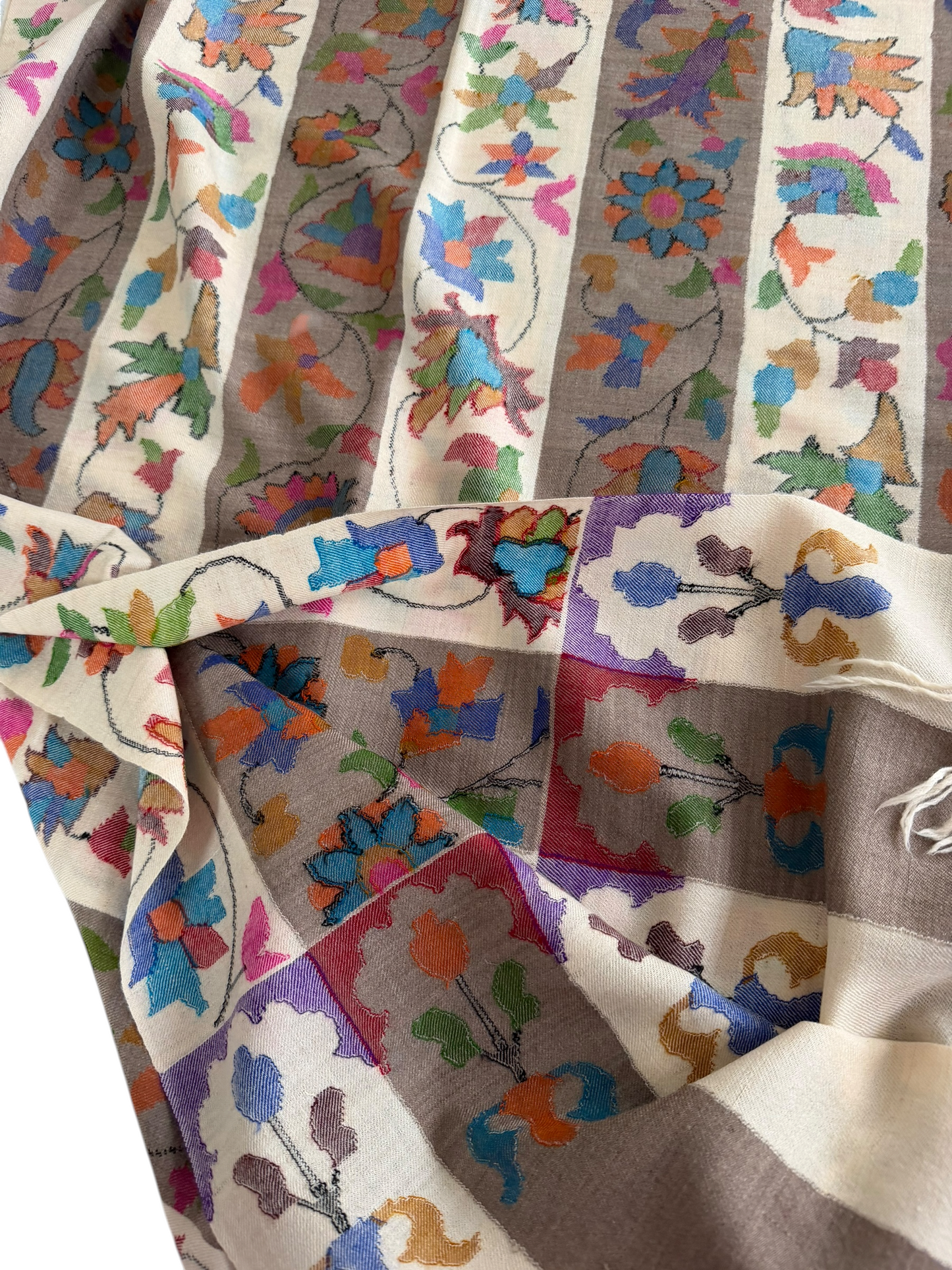 Ivory & Taupe Pure Pashmina Kani Shawl with Multicolour Floral Jaal