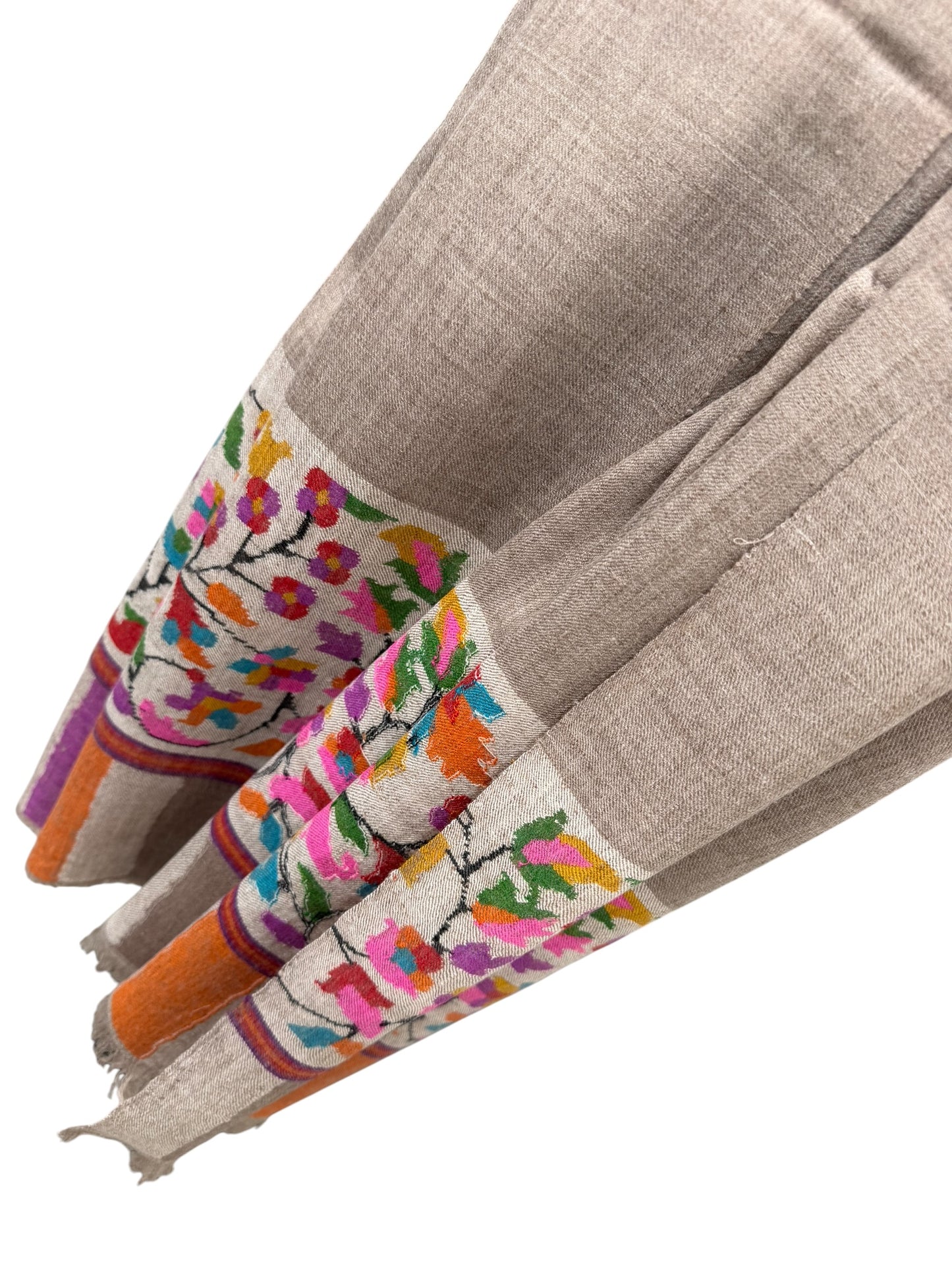 Natural Beige Pure Pashmina Kani Shawl with Multicolour Floral Border