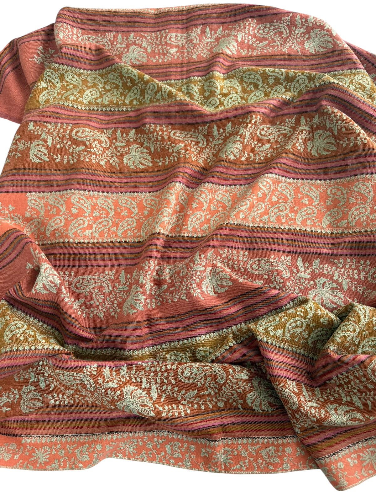 Multicolour Striped Pure Pashmina Shawl with All-Over Sozni Jaal Embroidery