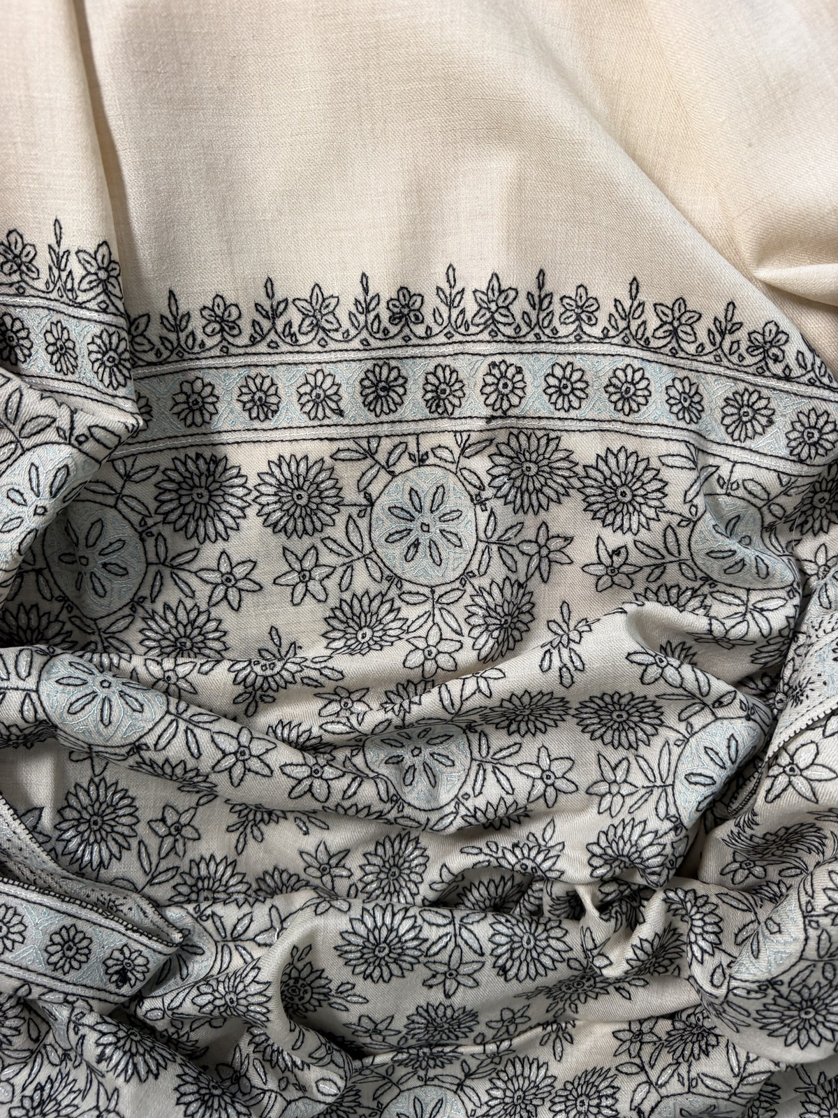 Ivory Pashmina Shawl with Sozni Monochrome Floral Jaal