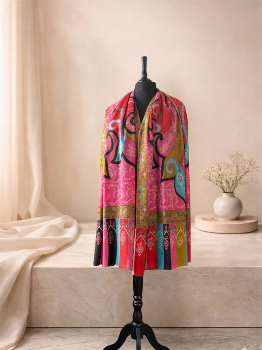 Kalamkari pashmina shawl worn over the shoulders, front view showing arched end-panels