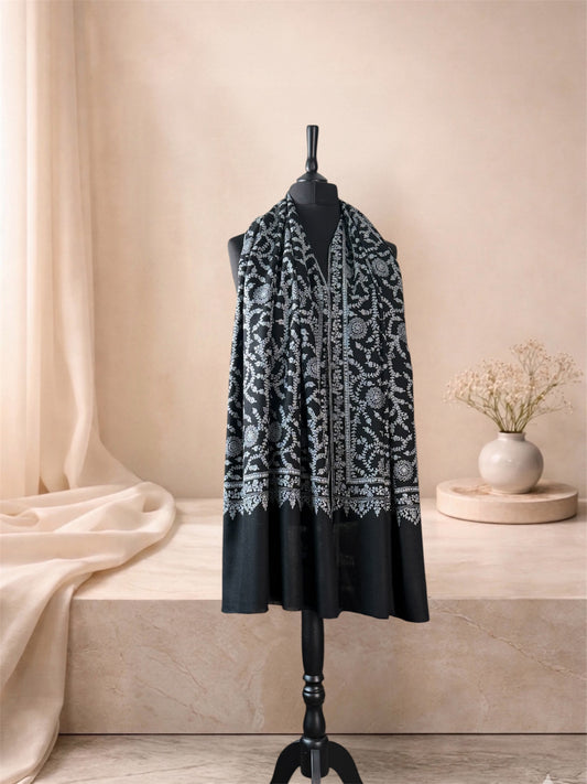 Black Pashmina Shawl with Sozni Ivory Vine & Medallion Jaal