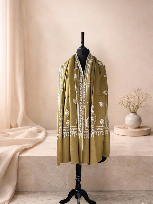 Olive gold pashmina shawl with white embroidered border worn over the shoulders, front view