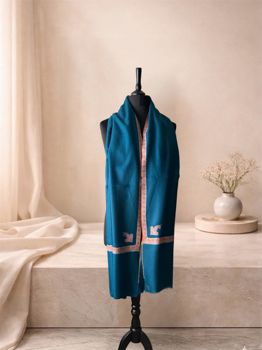 Teal blue pashmina shawl with coral Sozni border worn over the shoulders, front view