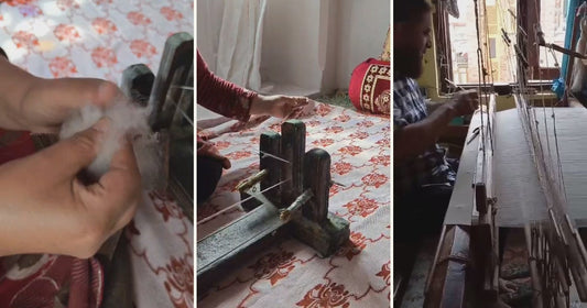 How pashmina is made in Kashmir: combing raw down by hand, hand-spinning thread on a wooden yinder, and weaving on a handloom