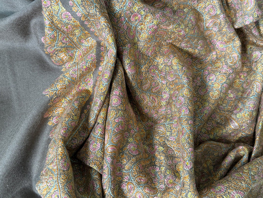 Close-up of gold, rose and aqua Sozni jaal embroidered on grey Kashmiri pashmina