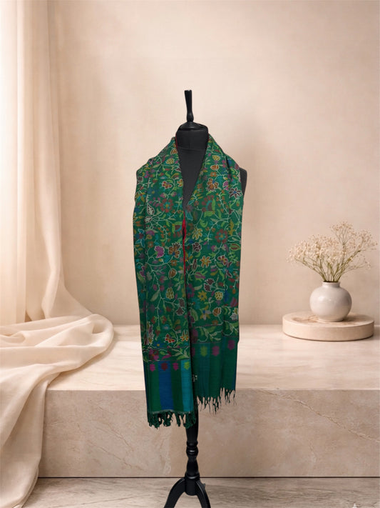 Emerald Green Pashmina Shawl with Kani Woven Floral Jaal