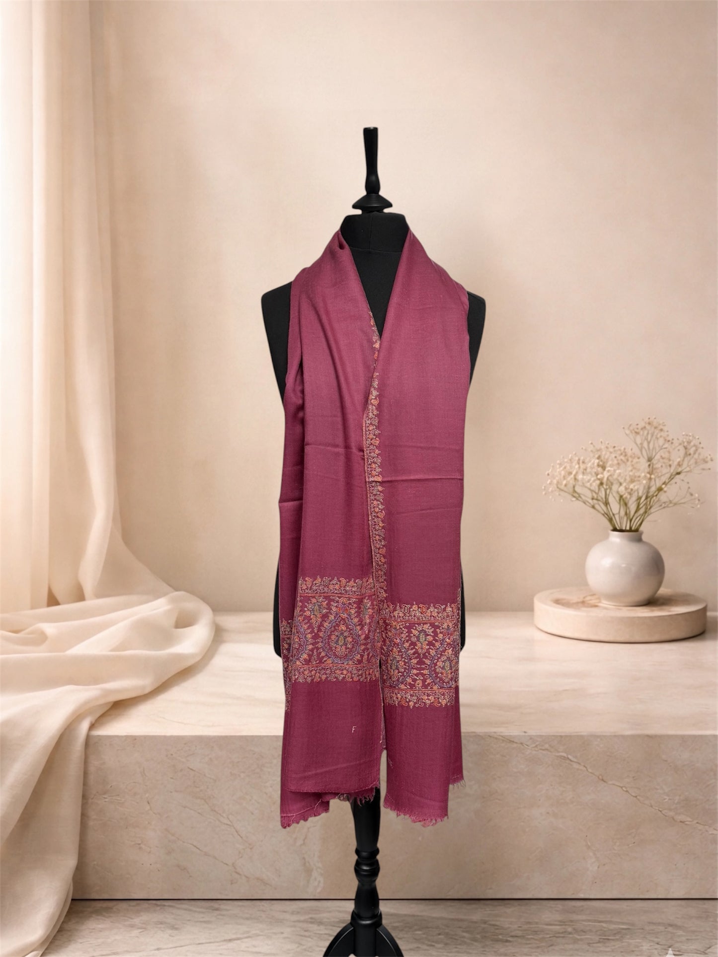 Rose Pink Pure Pashmina Shawl with Sozni Hand-Embroidered Paisley Border