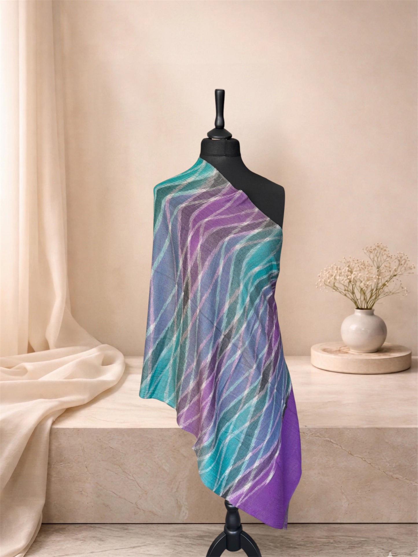 Purple and Teal Pure Pashmina Stole with Woven Ikat Wave Pattern