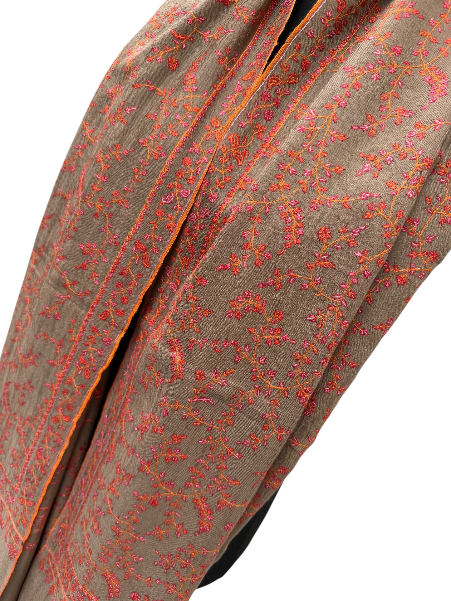Natural Taupe Pashmina Shawl with Sozni Floral Vine Embroidery