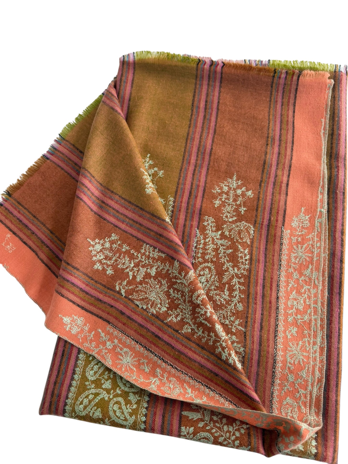 Multicolour Striped Pure Pashmina Shawl with All-Over Sozni Jaal Embroidery