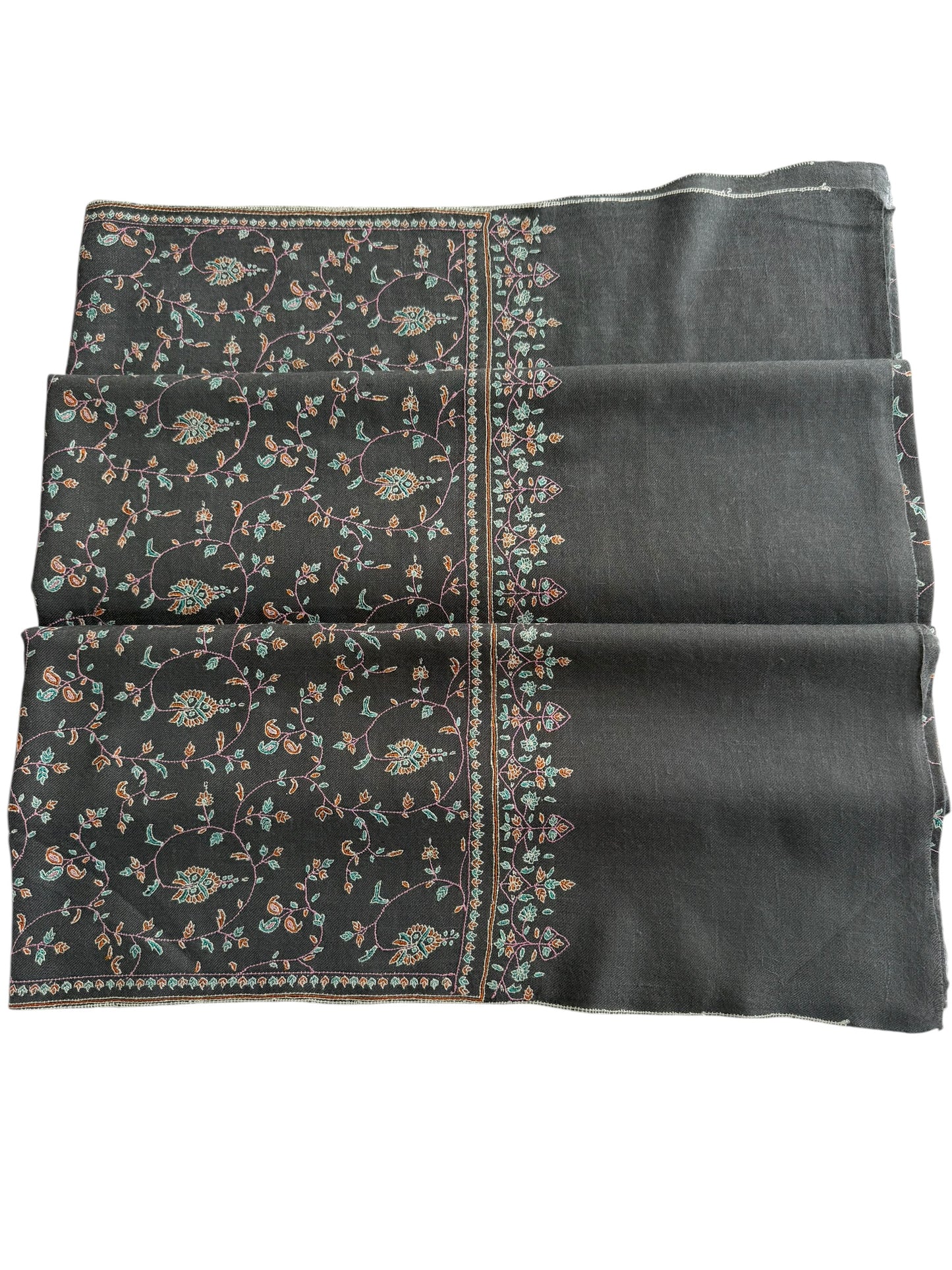 Slate-Grey Pure Pashmina Shawl with Sozni Embroidery Floral Jaal