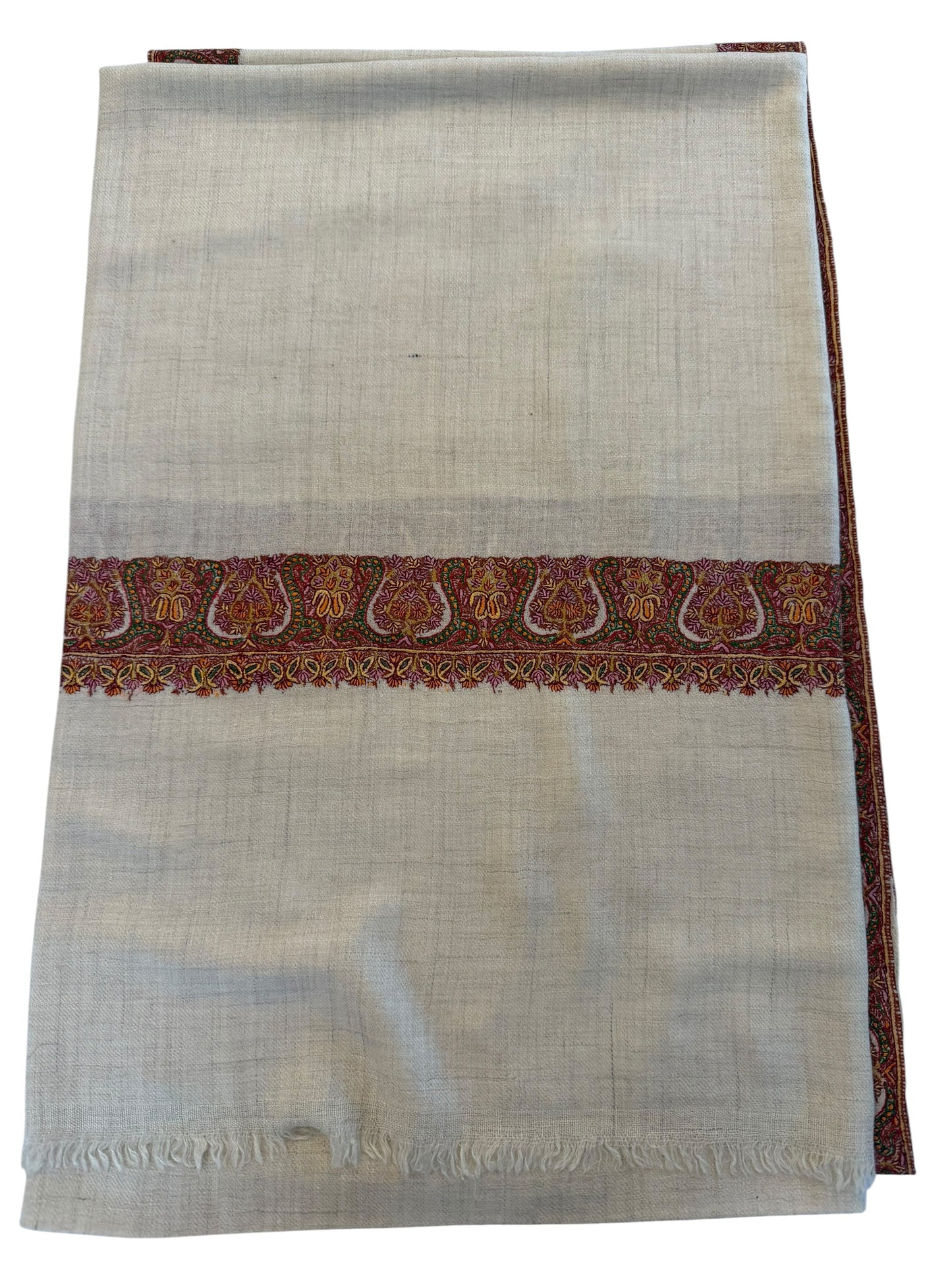 Ivory Pashmina Shawl with Sozni Embroidered Paisley Border