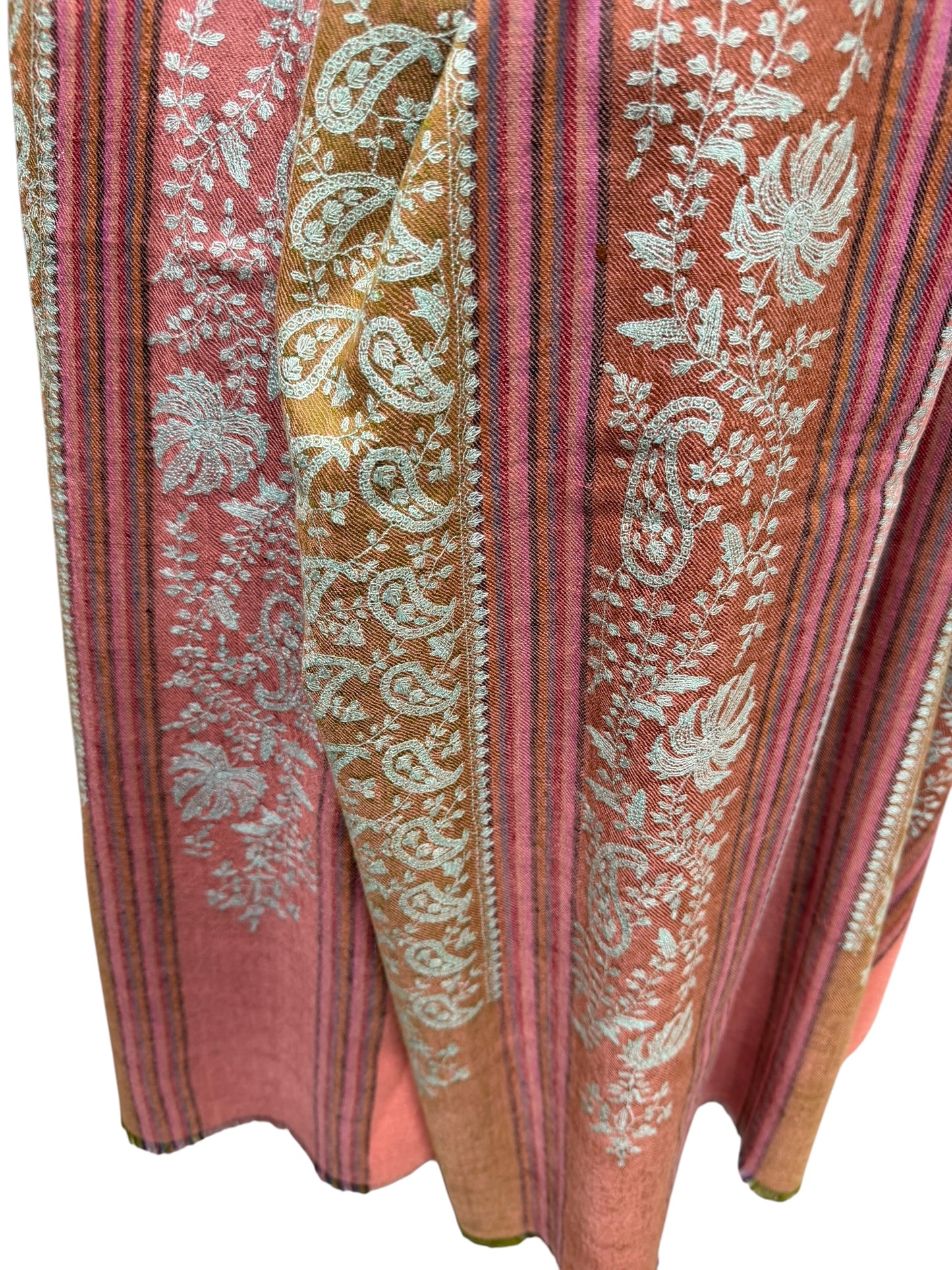 Multicolour Striped Pure Pashmina Shawl with All-Over Sozni Jaal Embroidery