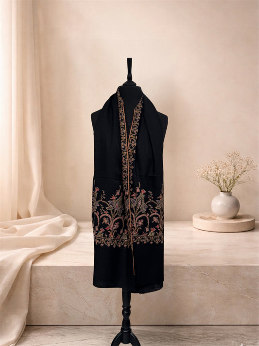 Black Pure Pashmina Shawl with Sozni Embroidered Floral Border