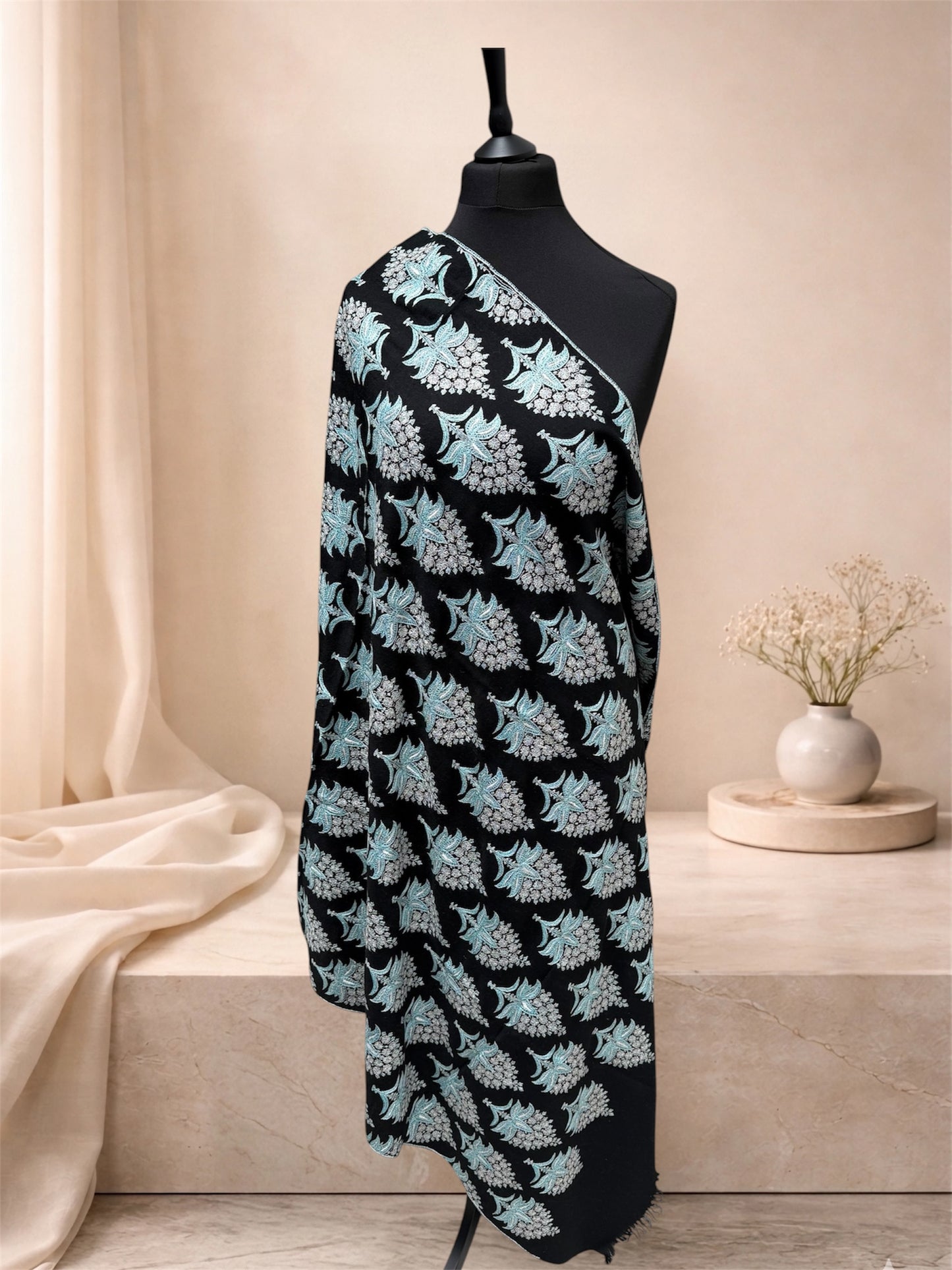 Black Pure Pashmina Shawl with Sozni Floral Buta Embroidery