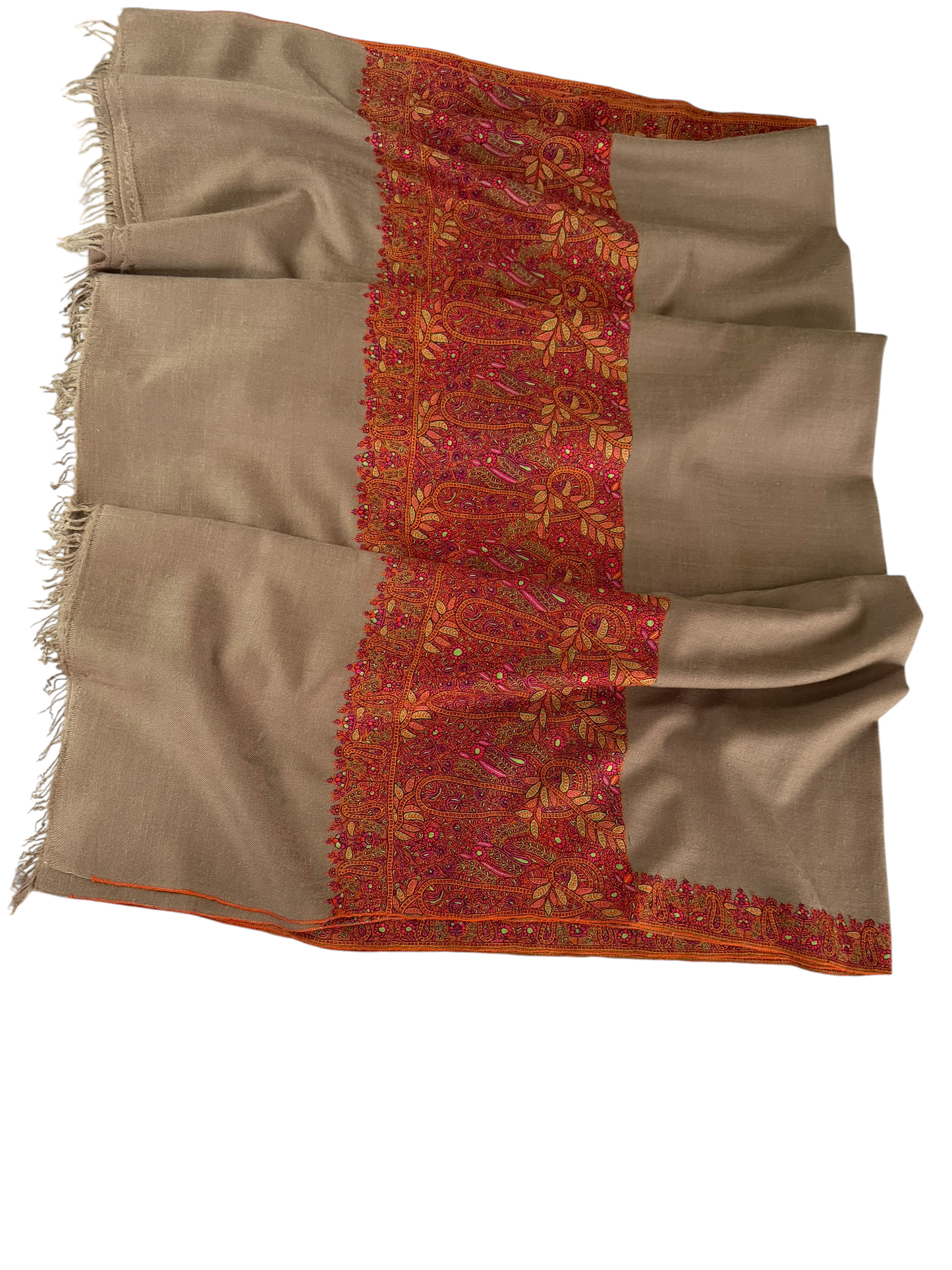 Extra Large Taupe Pashmina Shawl with Sozni Embroidered Paisley Border