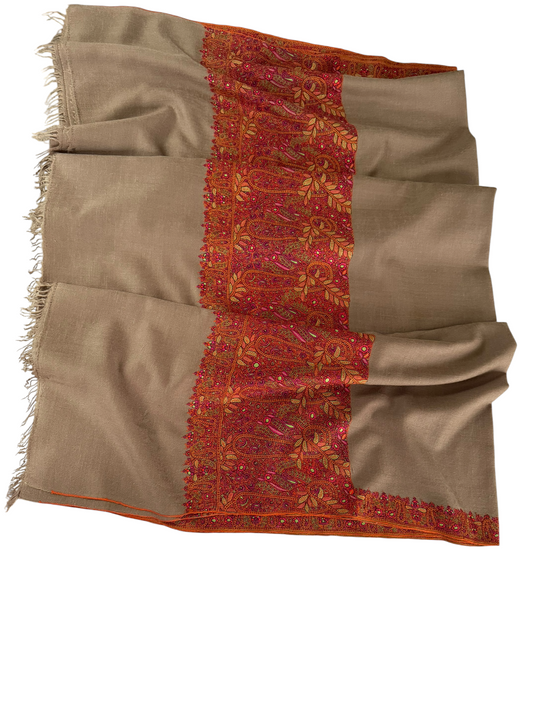 Extra Large Taupe Pashmina Shawl with Sozni Embroidered Paisley Border