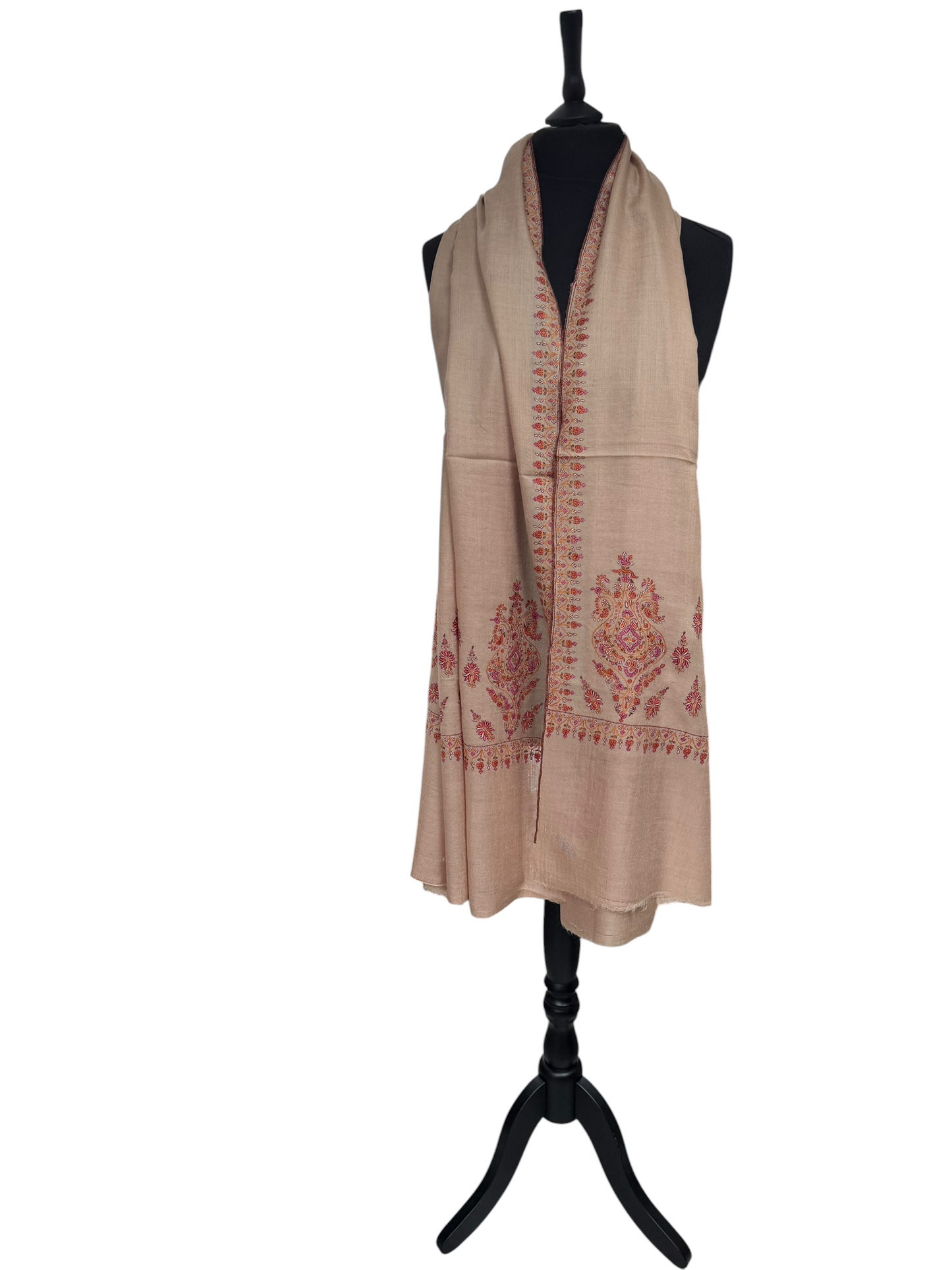 Beige Pashmina Shawl with Sozni Paisley Border Embroidery