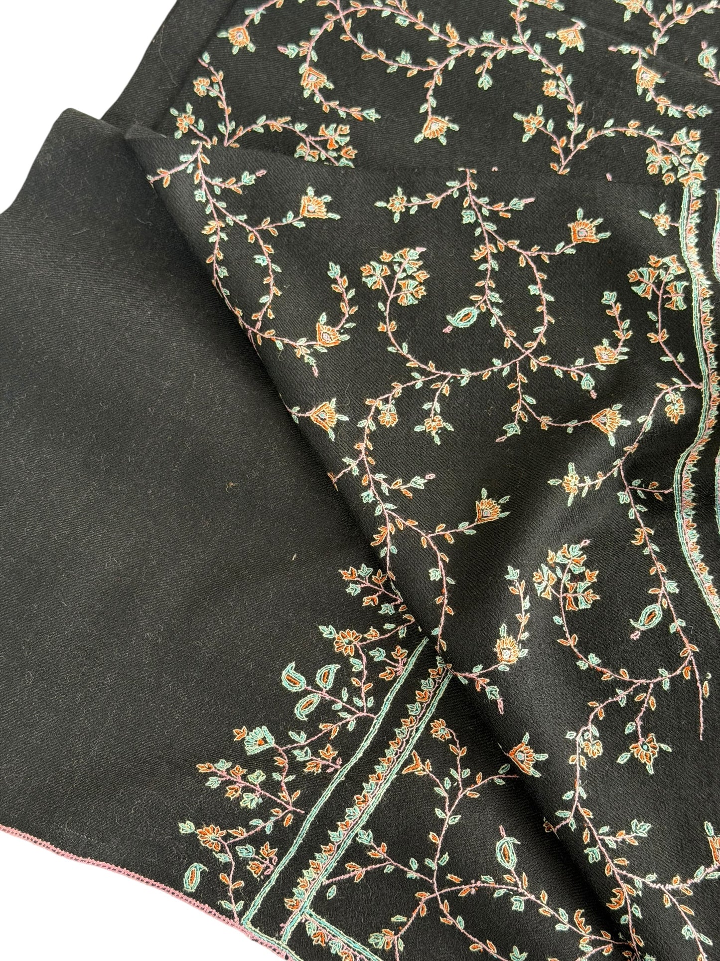 Black Pure Pashmina Shawl with Sozni Jaal Embroidery in Teal & Amber Floral Vine