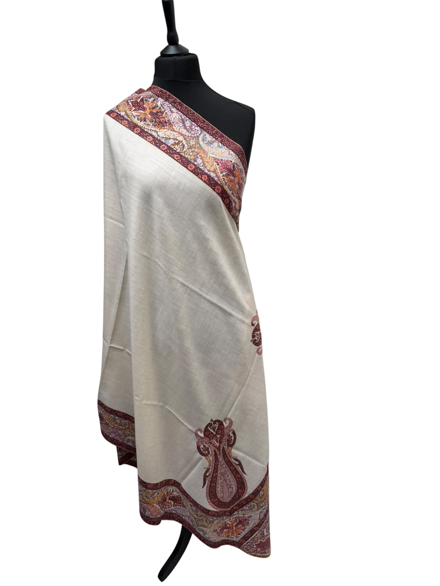 Ivory Pashmina Shawl with Sozni Paisley & Floral Border Embroidery
