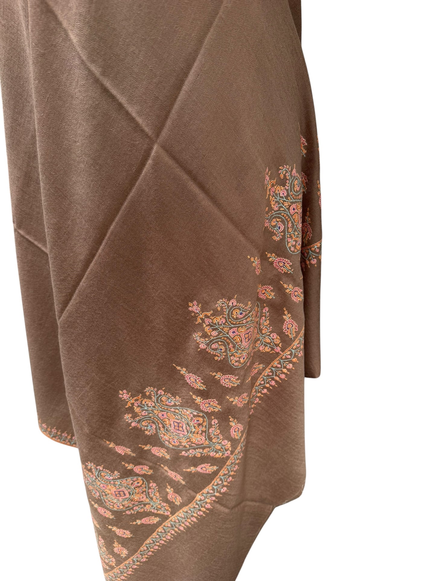Cocoa-Brown Pure Pashmina Shawl with Sozni Embroidery Paisley Motifs