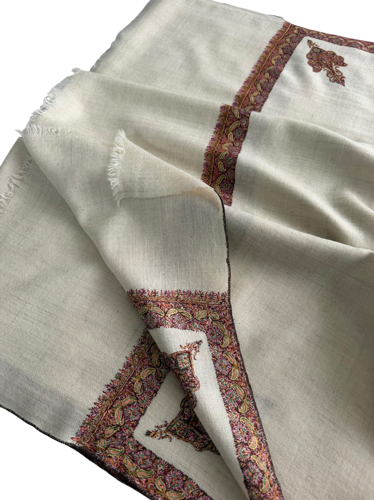 Ivory Pure Pashmina Shawl with Sozni Border & Buta Embroidery in Multicolour Paisley