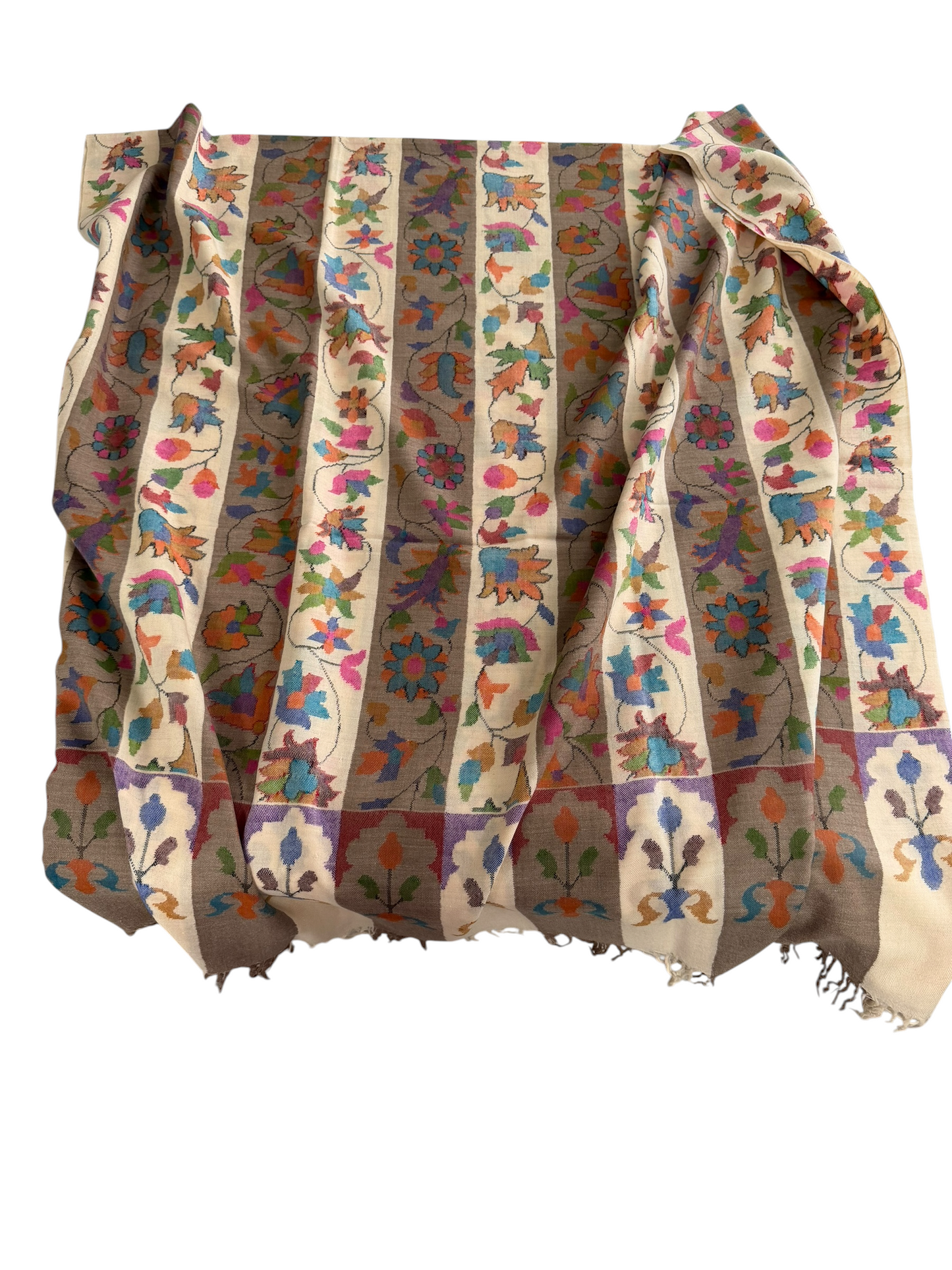 Extra Large Taupe & Ivory Pashmina Shawl with Kani Handwoven Floral Stripe Design