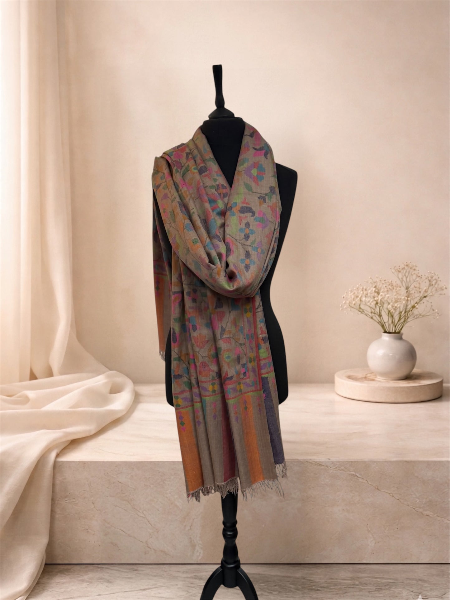 Taupe Pashmina Shawl with Kani Woven Multicolour Floral Jaal