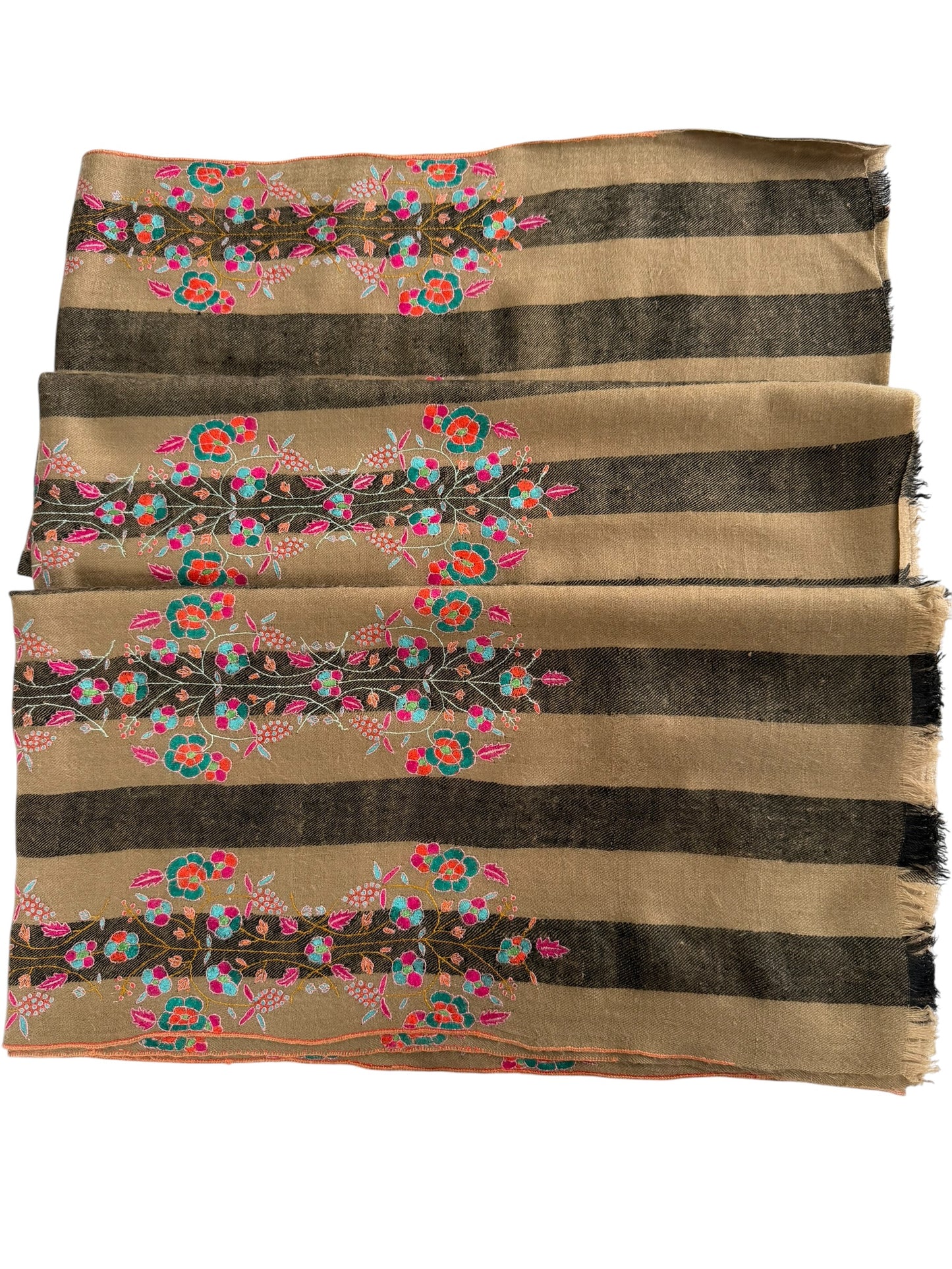 Natural & Charcoal Striped Pashmina Shawl with Sozni Floral Embroidery
