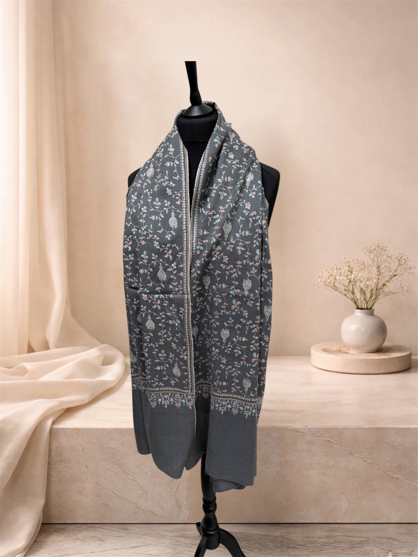 Slate-Grey Pure Pashmina Shawl with Sozni Embroidery Floral Jaal