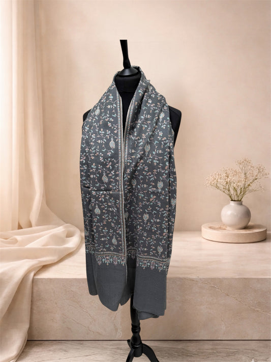 Slate-Grey Pure Pashmina Shawl with Sozni Embroidery Floral Jaal
